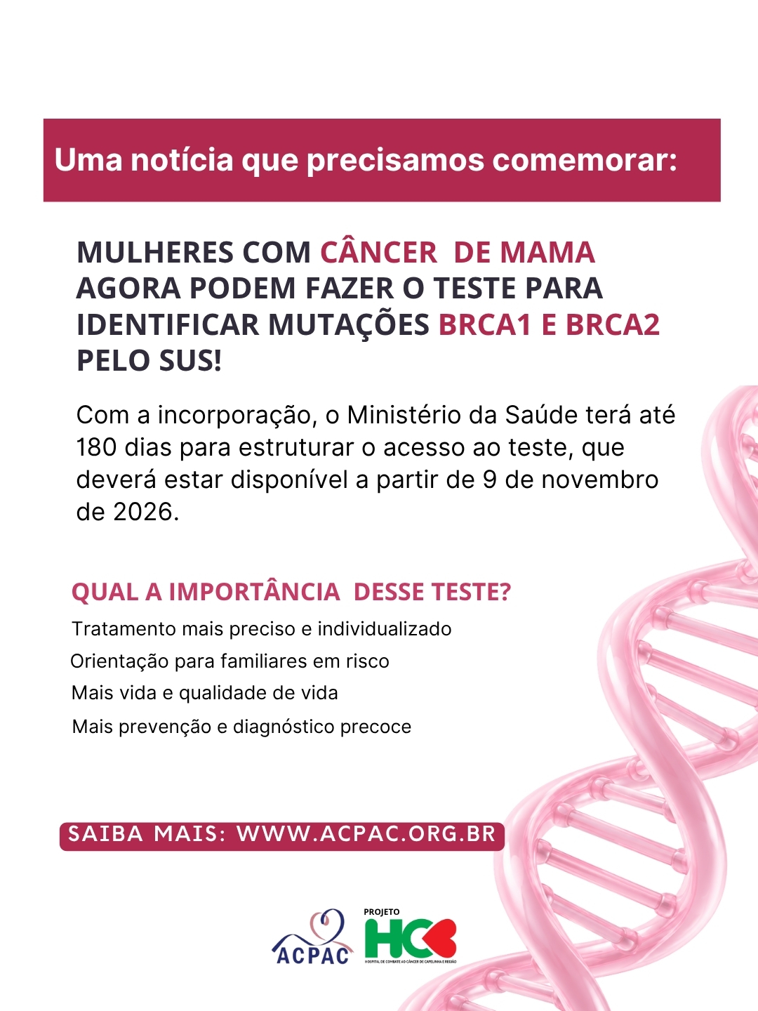 Ministério da Saúde incorporou ao SUS o teste genético para os genes BRCA1 e BRCA2